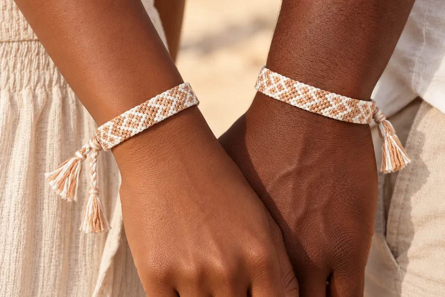 Deux personnes main dans la main portant des bracelets assortis beige et crème