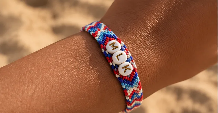 Bracelet brésilien avec perles MLK porté au poignet