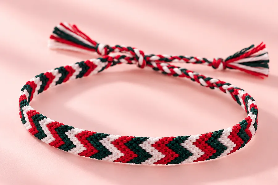 Bracelet brésilien en chevrons rouges, blancs et verts sur fond rose