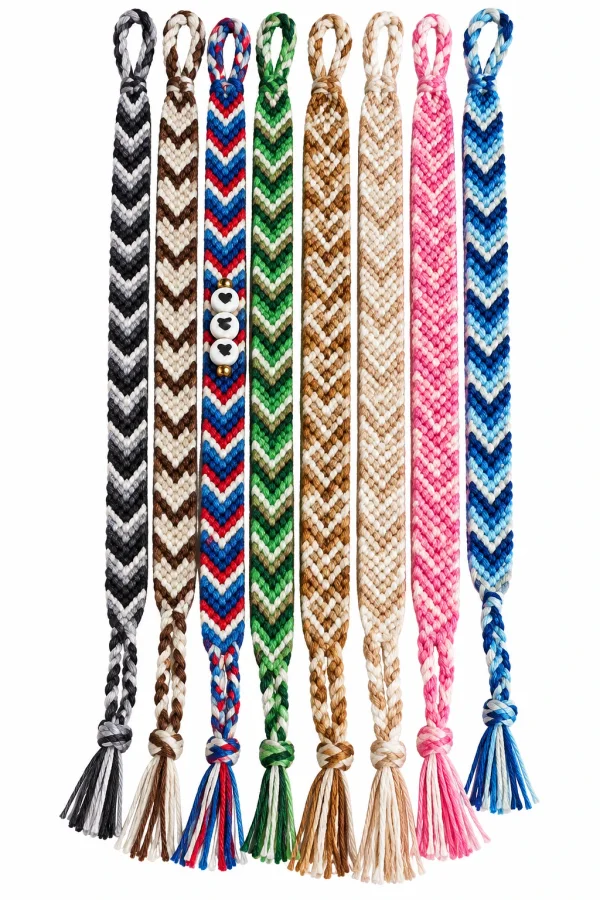 Huit bracelets brésiliens alignés à la verticale : noir et gris, marron et crème, bleu blanc rouge avec perles cœur, vert, camel, beige, rose et bleu