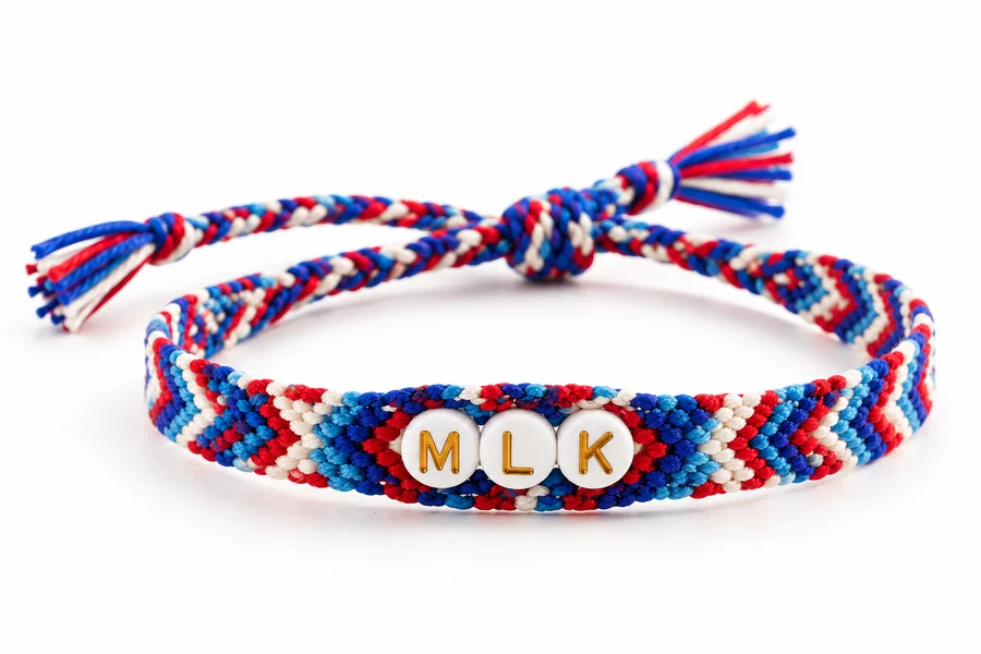 Bracelet brésilien en chevrons bleu, rouge et blanc avec trois perles blanches portant les lettres MLK