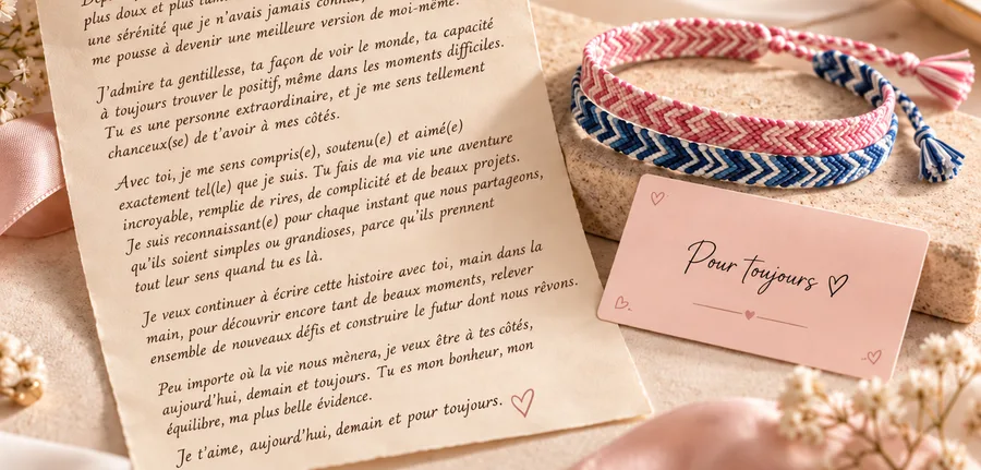 Lettre d'amour manuscrite posée à côté de deux bracelets brésiliens, un rose et un bleu marine, et d'une petite carte rose « Pour toujours »